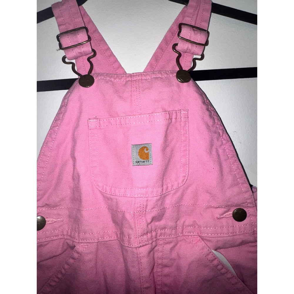 Carhartt Girls Pink Flannel Lined Canvas Bib Overalls 4T - Picture 2 of 8